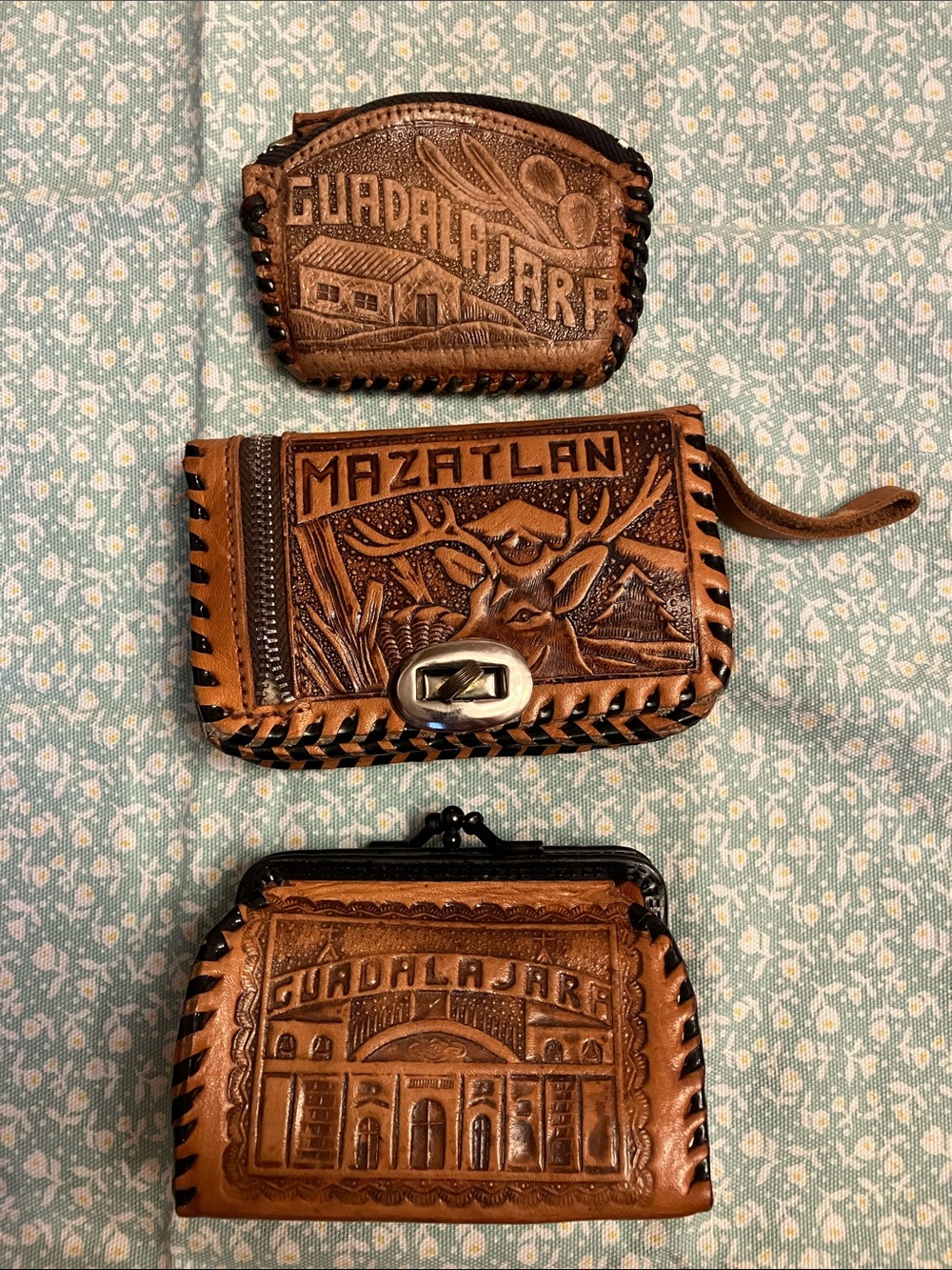 Hand-Tooled Leather Coin Pouches - Brown